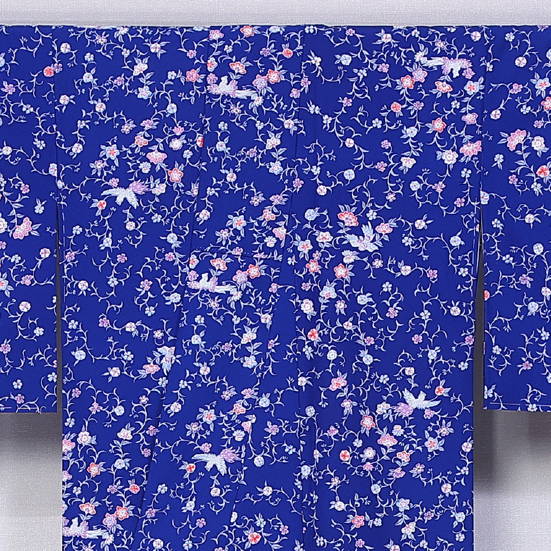 小紋 身丈160cm 裄丈64.5cm L ポリエステル Sランク 袷 洗える着物 広衿 唐草 桜 1215-10820