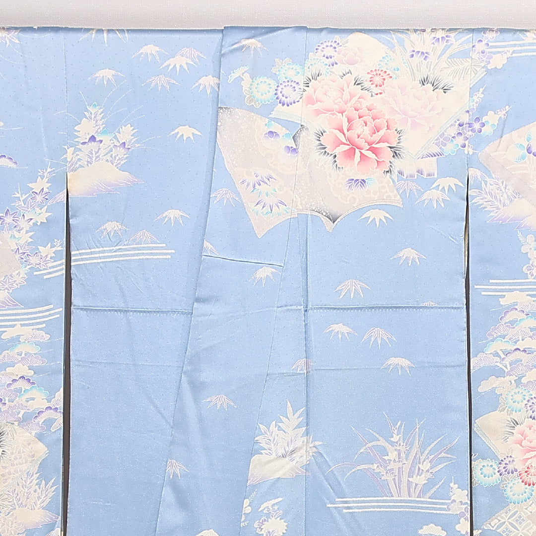 振袖 身丈165cm 裄丈66.5cm Aランク 正絹 袷 広衿 XL 銀駒刺繍 吉祥文様 牡丹 フォーマル 古典的 爽やか 水色系 1213-F0568