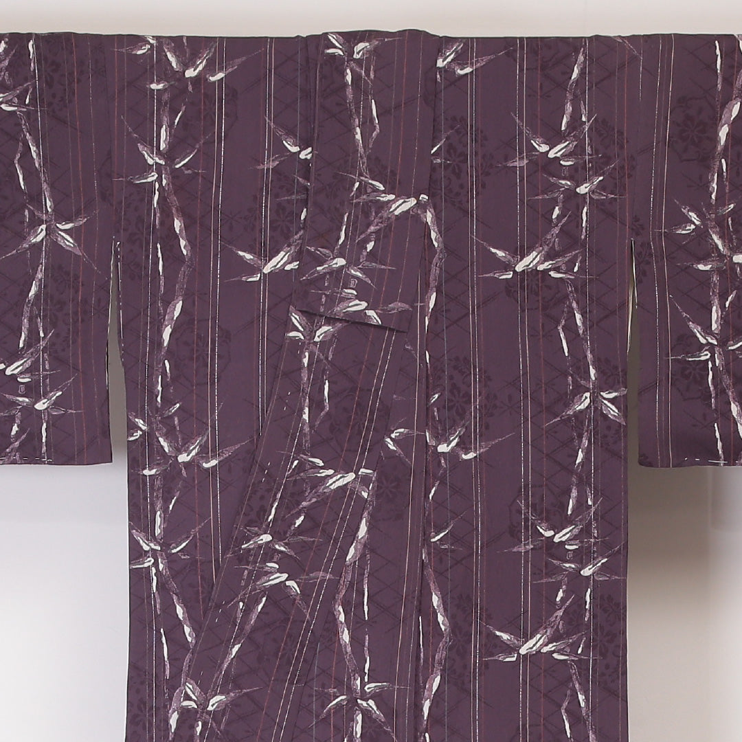 アンティーク 小紋 袷 身丈149cm 裄丈61cm 正絹 Bランク XSサイズ 広衿 笹 紫系 1215-02092