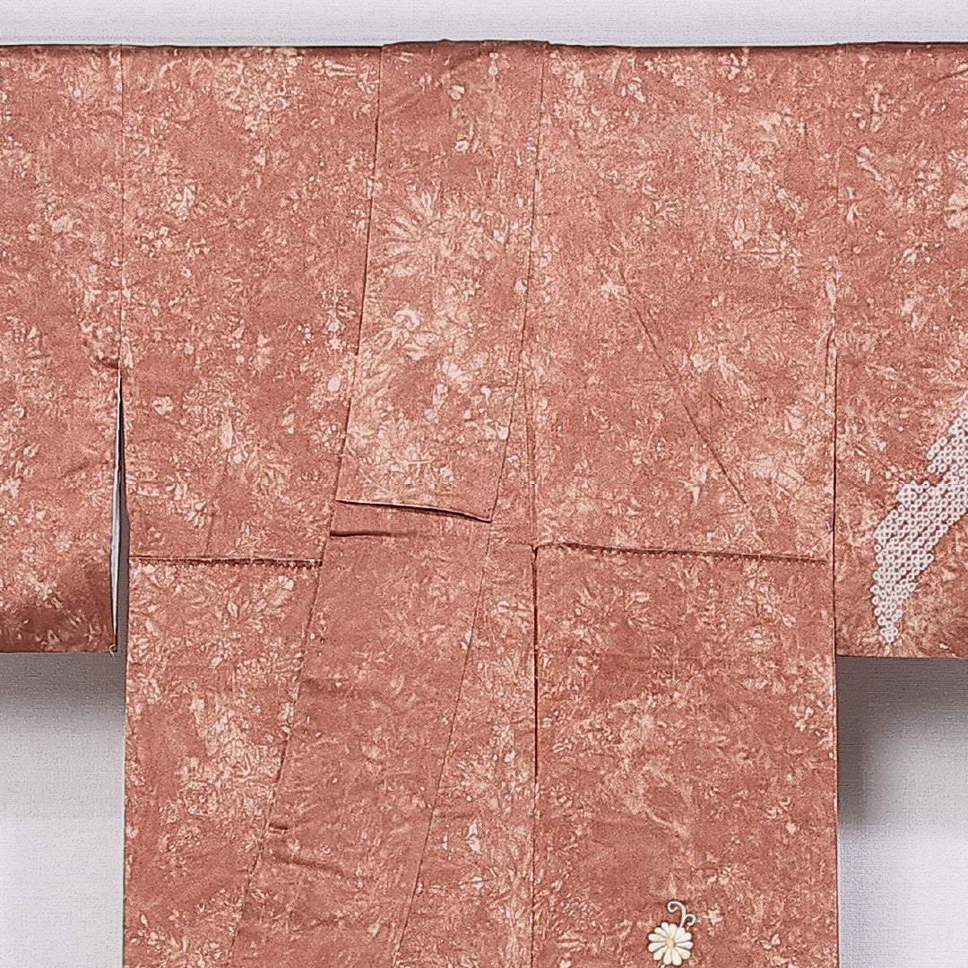 訪問着 袷 身丈154cm 裄丈63cm 正絹 Aランク セミフォーマル 広衿 Sサイズ 絞り 刺繍 菊 朱系 M4 1217-11360