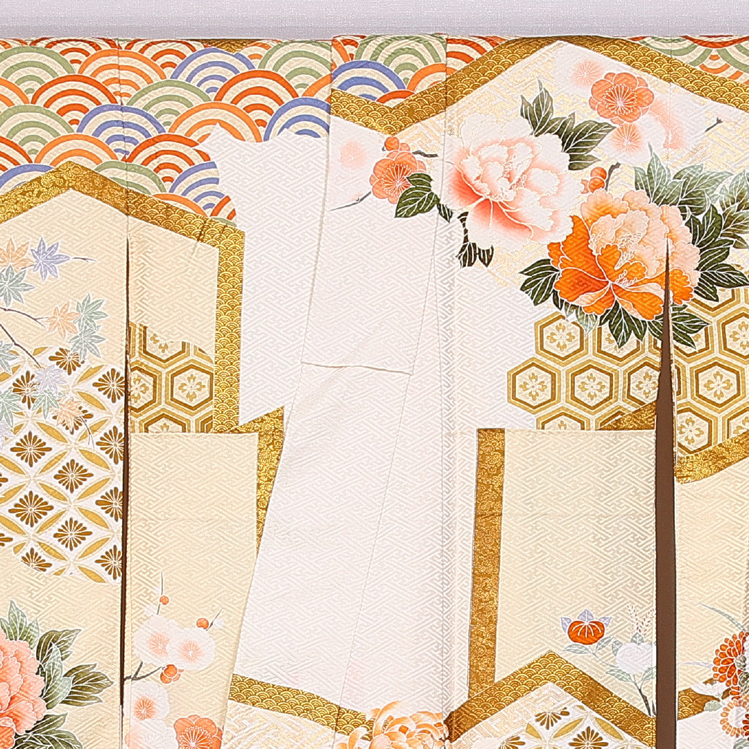 振袖 身丈157cm 裄丈65cm 袷 正絹 Sランク 広衿 紅葉 金糸 青海波 亀甲 牡丹 1213-F0364
