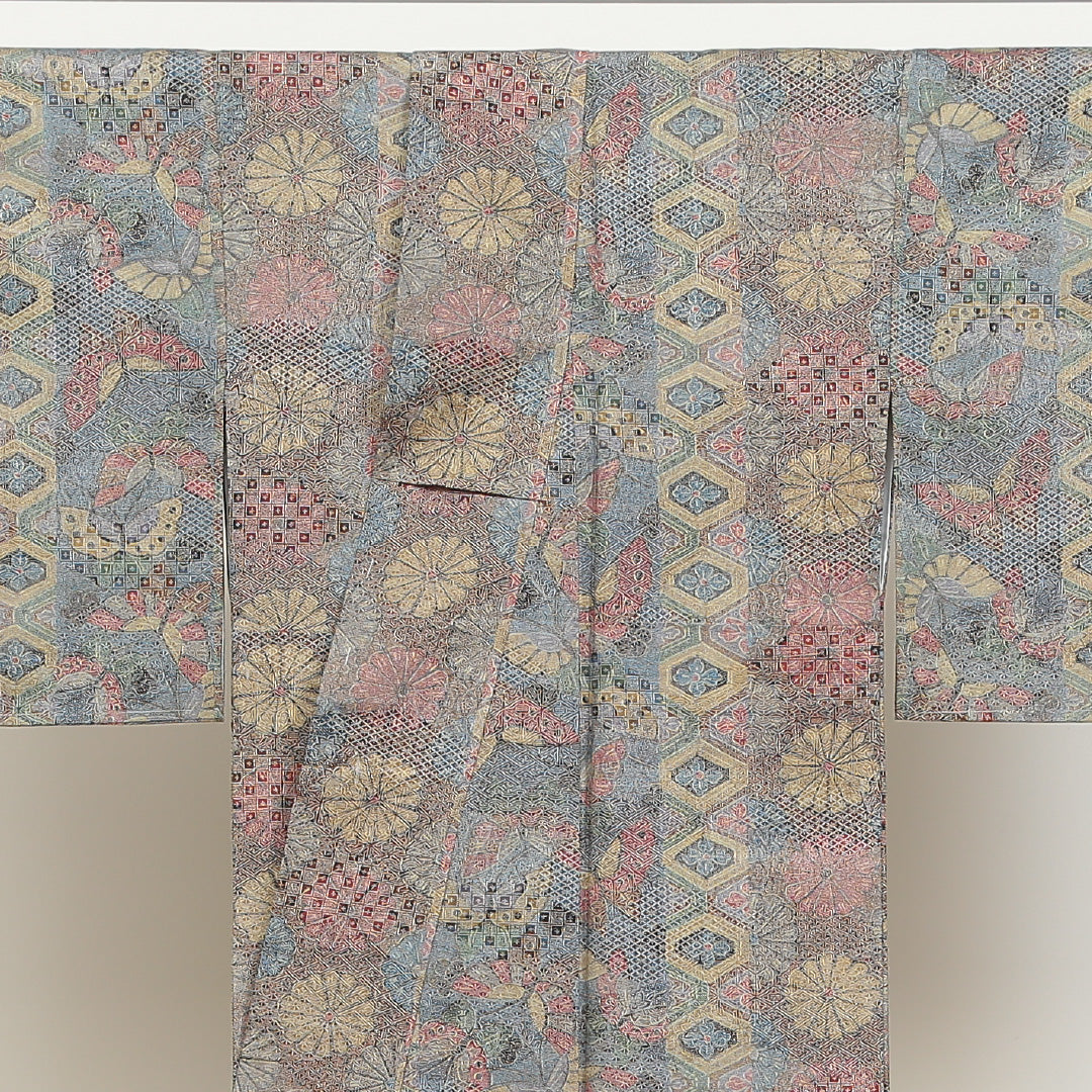 小紋 袷 身丈147cm 裄丈62cm 正絹 Sランク インフォーマル 広衿 XSサイズ 花鳥文 吉祥文様 青系 RP 1221-00967