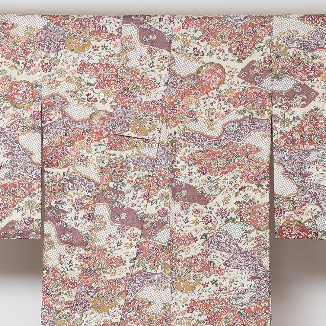 小紋 袷 身丈157cm 裄64cm クリーム系 古典柄 お正月 洗える着物 Sランク 1215-01493-2315