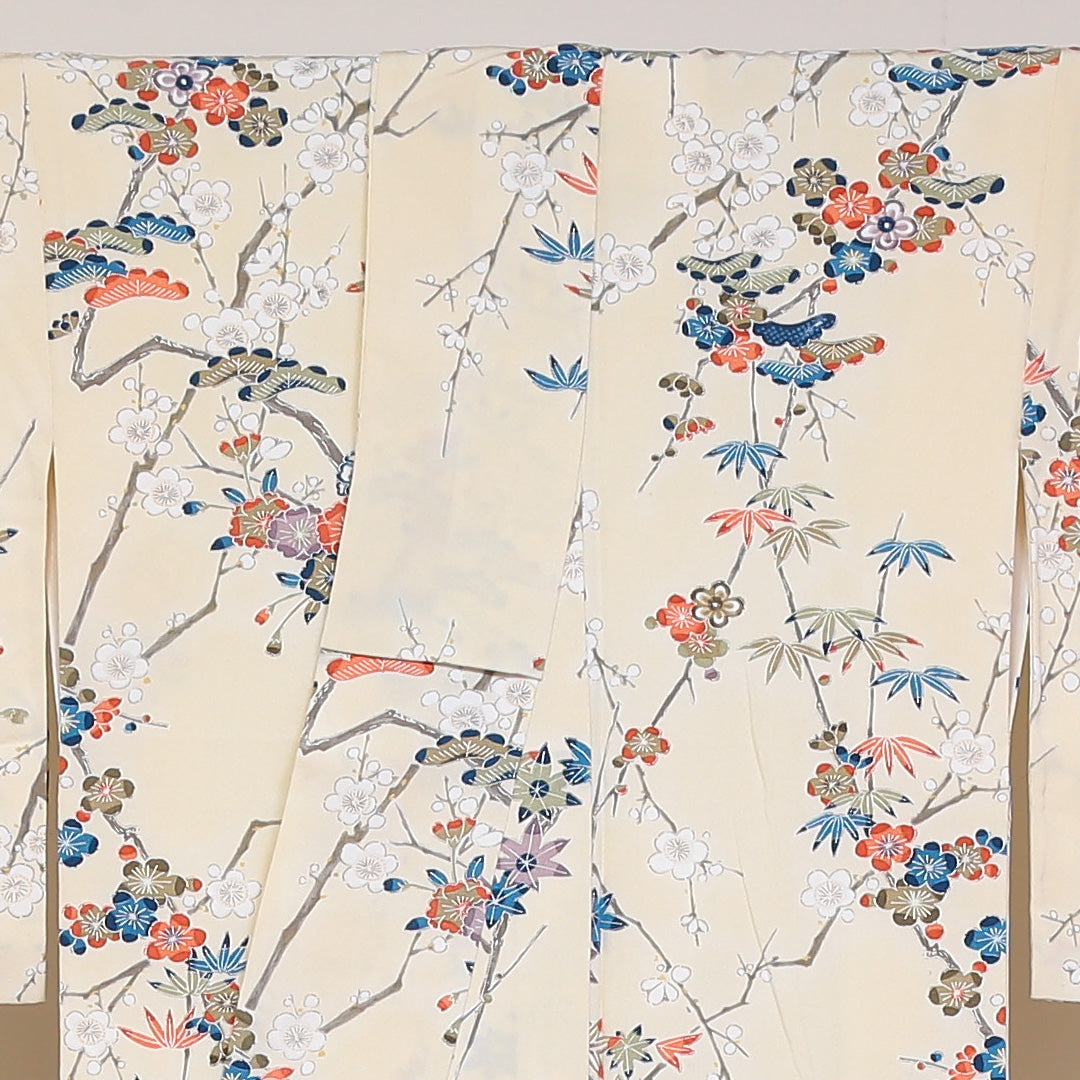 小紋 袷 身丈153cm 裄64cm クリーム系 梅 笠松 笹 紅葉 型染め 正絹 Aランク 1215-01771-3215