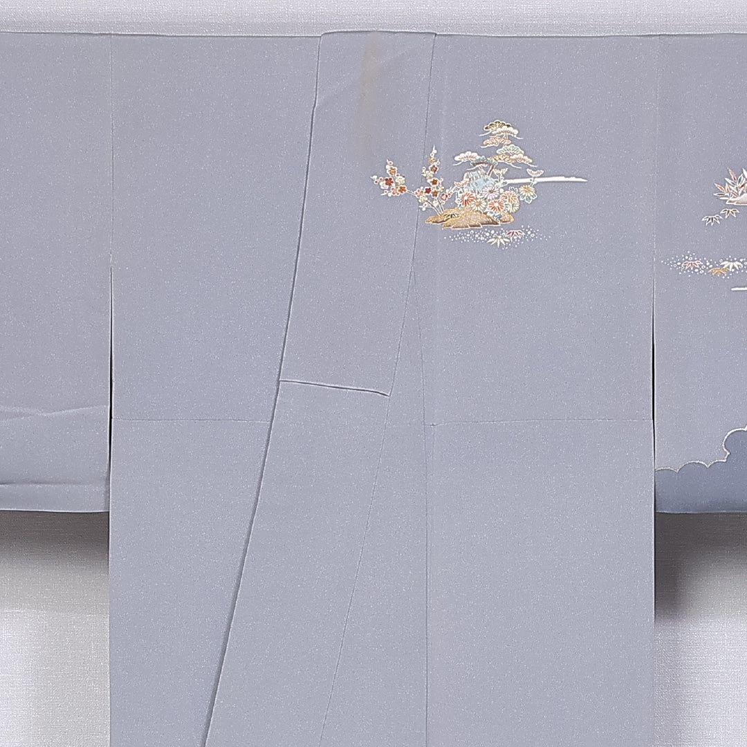 訪問着 身丈159cm 裄丈61.5cm Aランク 袷 一つ紋 正絹 広衿 剣片喰 刺繍 茶屋辻 風景 1212-10207