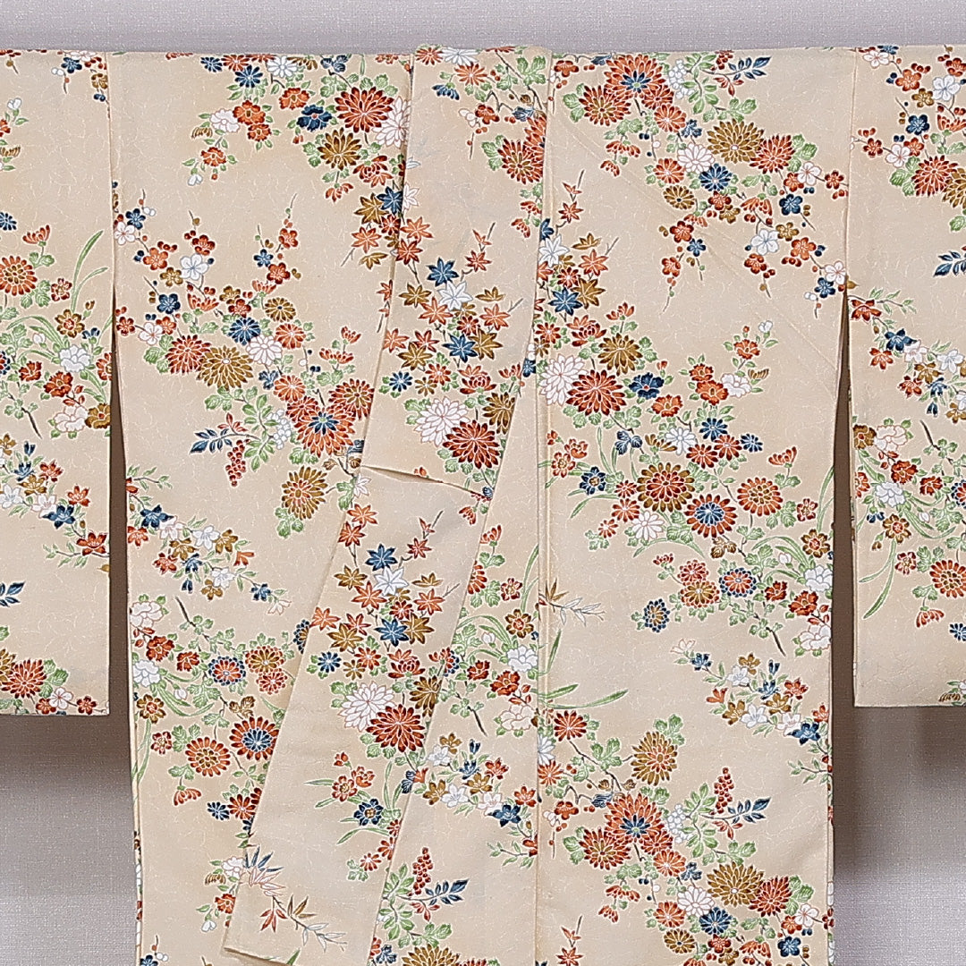 小紋 袷 身丈153cm 裄丈63cm 正絹 Aランク インフォーマル 広衿 Sサイズ 四季草花 クリーム系 RP 1221-11249