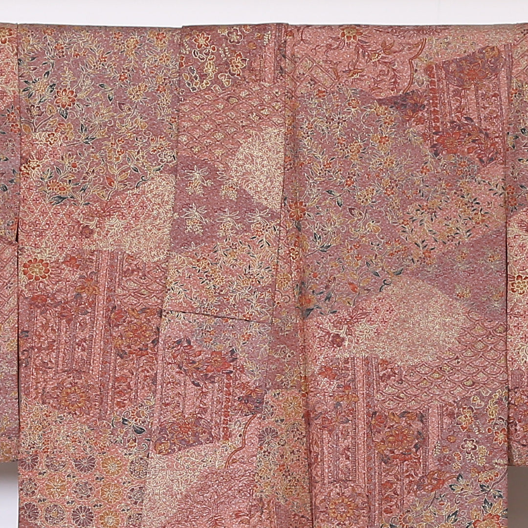 小紋 (錦紗) 袷 身丈165cm 裄丈66cm 正絹 Aランク 広衿 XLサイズ 更紗 茶系 SR 1221-01910