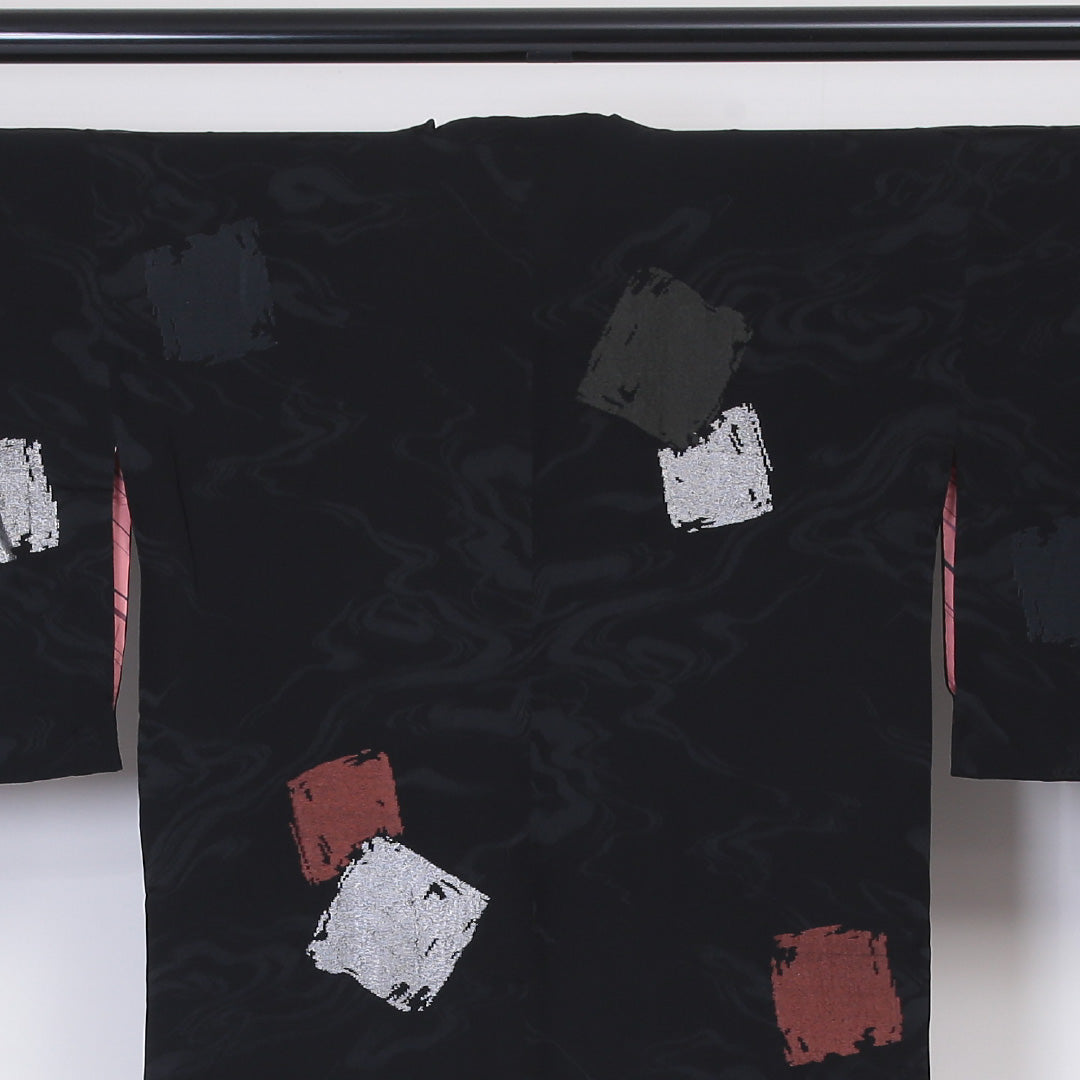 アンティーク 道行コート 袷 身丈86cm 裄丈63cm 正絹 Aランク Sサイズ 刺繍 家紋柄 黒系 RP 1237-05906