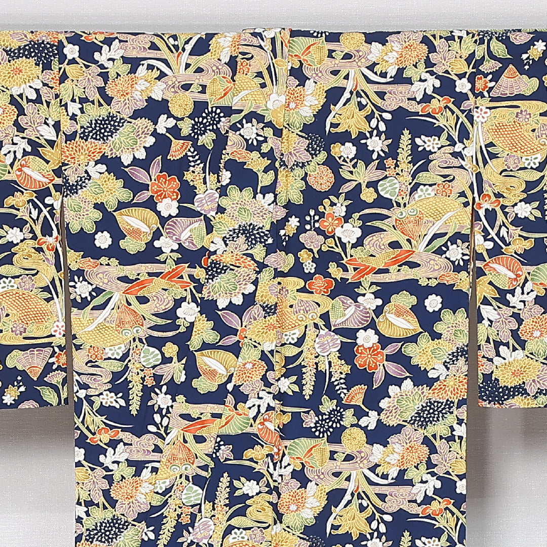 小紋 身丈155cm 裄丈66cm Aランク M 正絹 袷 バチ衿 吉祥文様 花柄 植物柄 京紅型 カジュアル 紺系 1215-12032