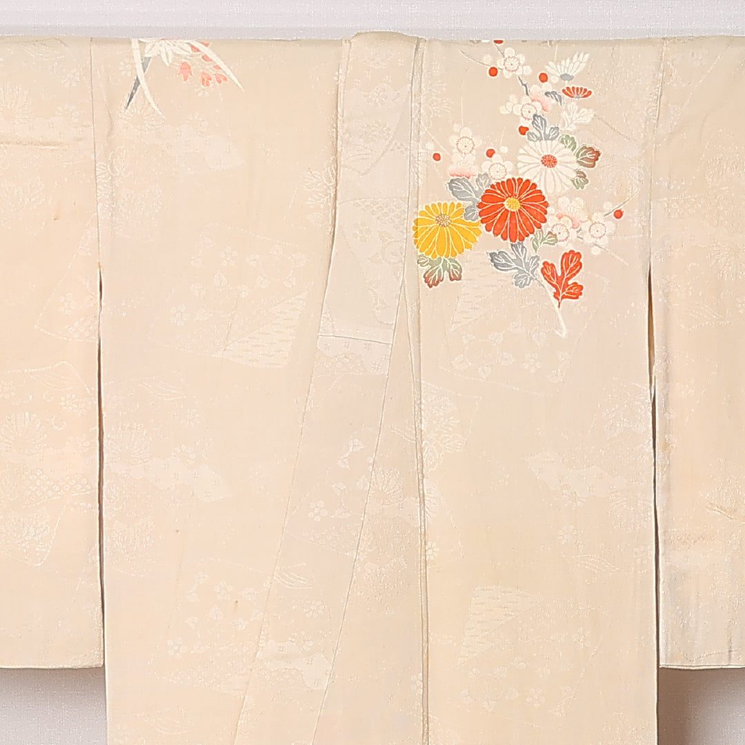 アンティーク 訪問着 (錦紗) 袷 身丈150cm 裄丈62cm 正絹 Dランク バチ衿 Sサイズ 吉祥文様 クリーム系 RP 1217-12446