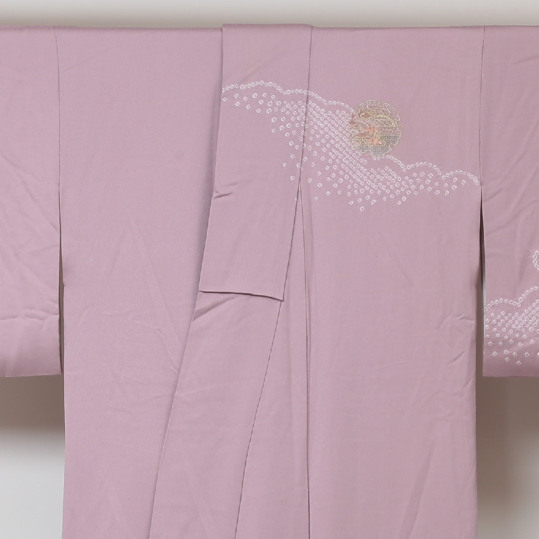訪問着 袷 身丈165cm 裄64cm 正絹 ピンク系 Aランク 汕頭刺繍 鹿の子絞り 1212003443513
