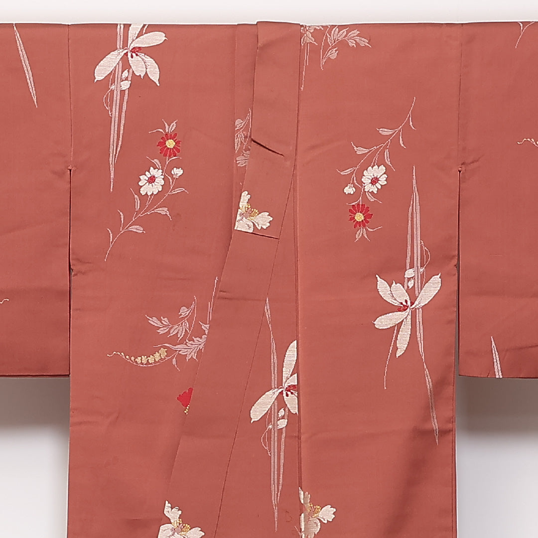 アンティーク 袷 身丈145cm 裄63cm 正絹 お召 草花 茶系 Cランク 1216-01356