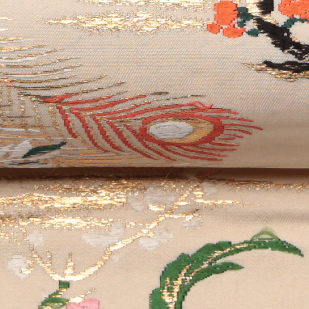 アンティーク 名古屋帯 帯丈323cm Cランク 名古屋仕立て 六通 正絹 孔雀 桜 梅 金糸 セミフォーマル クリーム系 1224-01515