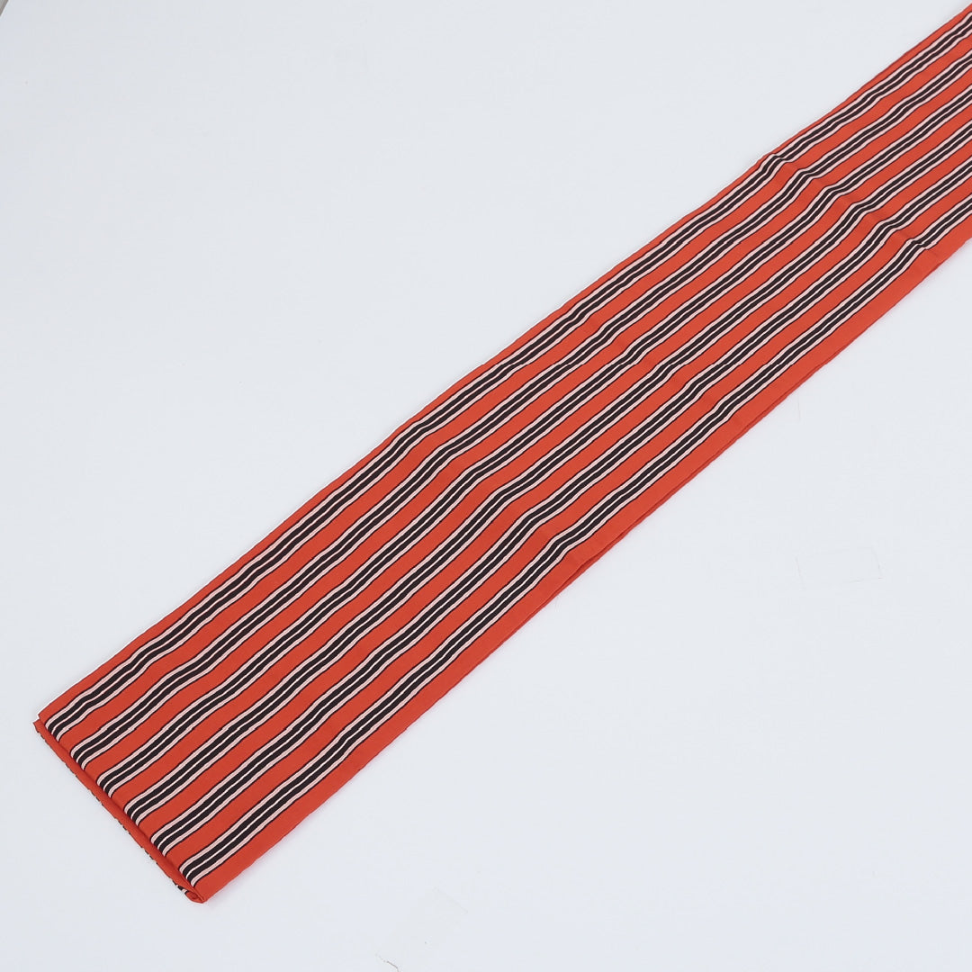 本場筑前 半幅帯 帯丈312cm 両子持縞 未使用品 正絹 小袋帯 全通 仕立て上がり カジュアル Sランク 朱系 1225000061216