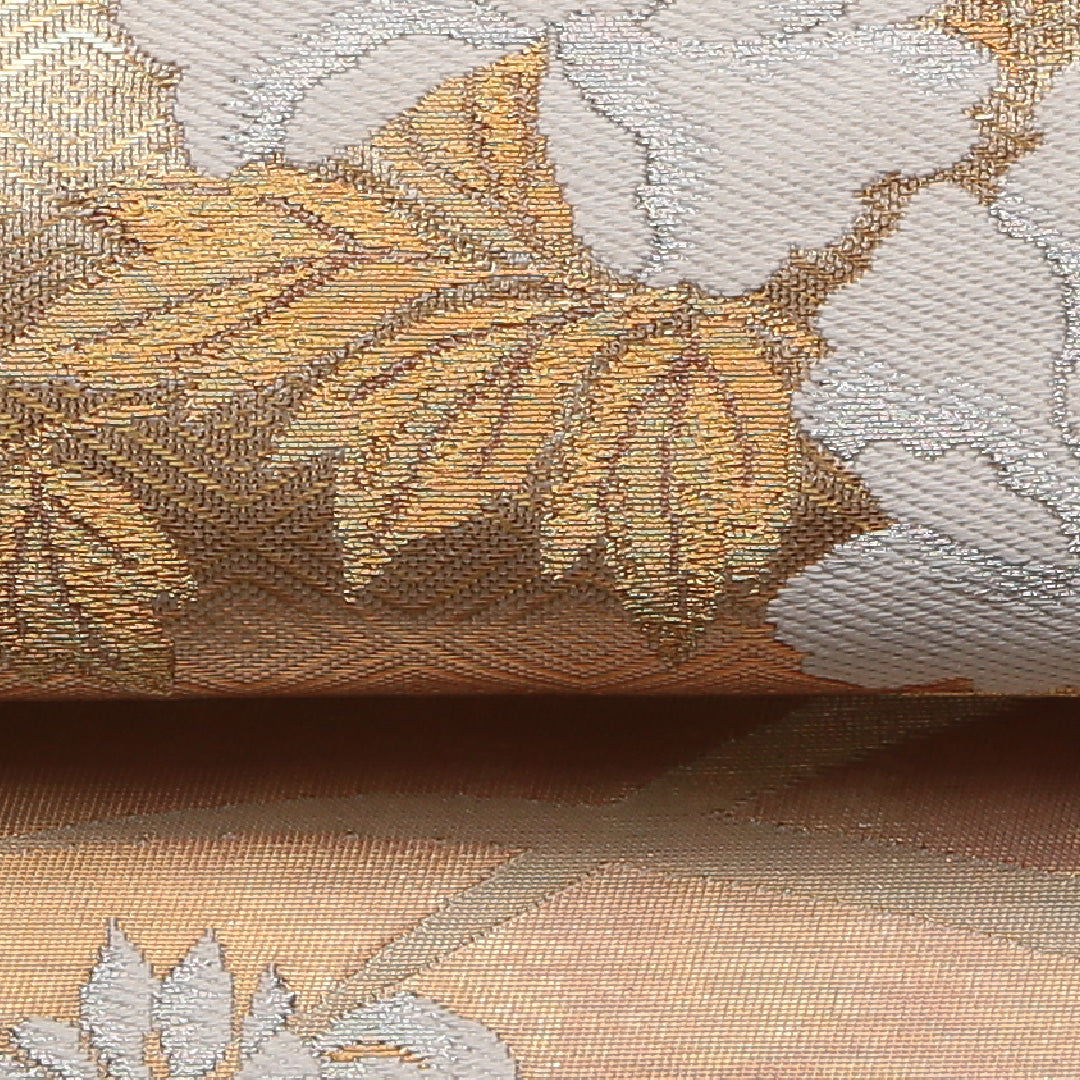 袋帯 六通 帯丈428cm フォーマル Sランク 正絹 牡丹 菖蒲 ベージュ系 1223-01423