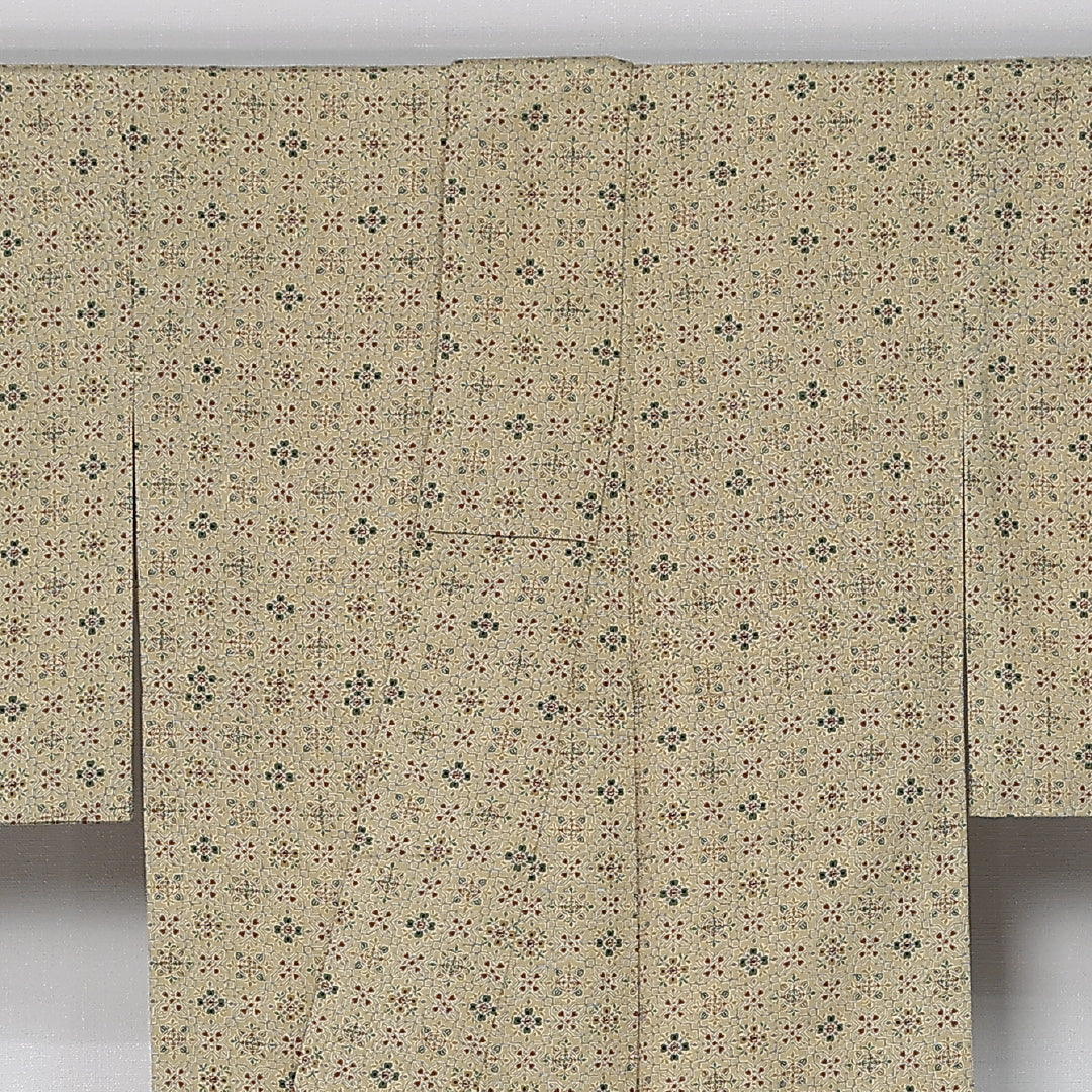 小紋 身丈150cm 裄丈63cm Aランク S 正絹 袷 広衿 オリエンタル 花菱 カジュアル 緑系 1215-11996