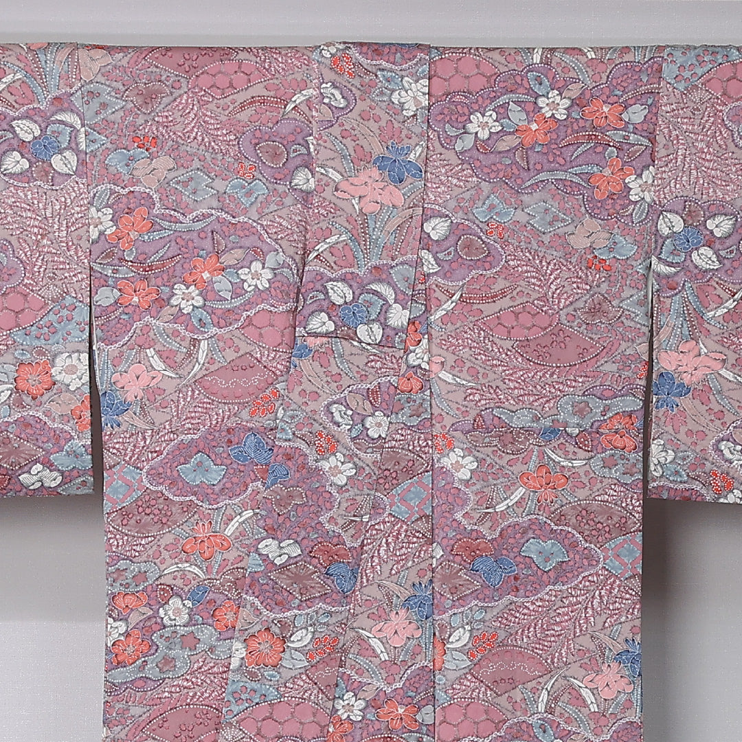 小紋 袷 身丈154cm 裄丈66cm 正絹 Aランク インフォーマル 広衿 Sサイズ 花柄 桐 ピンク系 RP 1221-12378