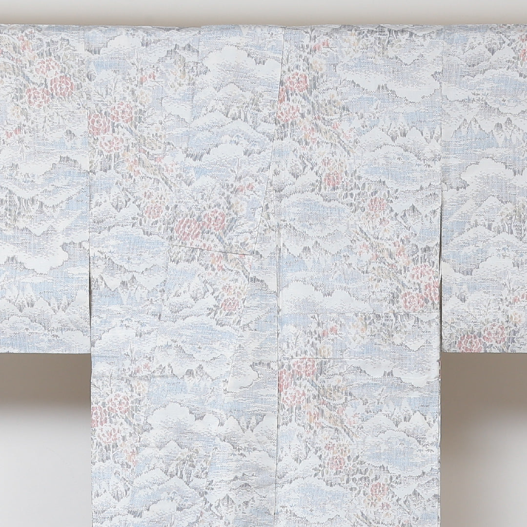 紬 袷 身丈156cm 裄61cm 正絹 白系 Sランク 真綿紬 花柄 山 雲取 1216-00572-2311 1216-00572