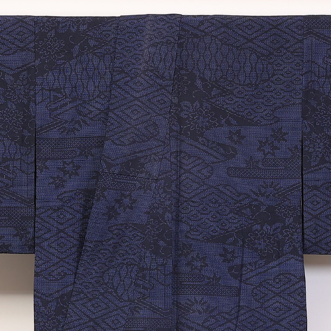 紬 単衣 身丈160cm 裄66.5cm 正絹 茶屋辻 居敷当て 紺系 Aランク 1216-01196