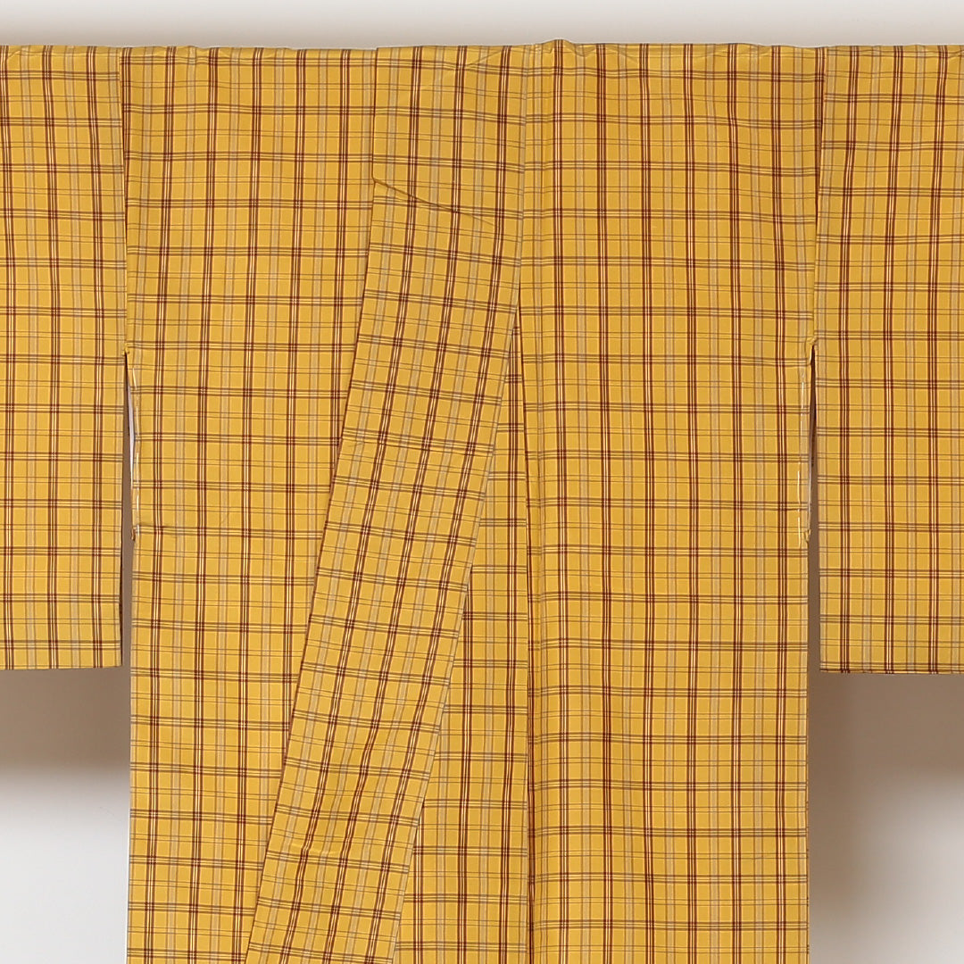 紬 袷 身丈161cm 裄丈63cm 正絹 黄八丈風 Bランク Lサイズ 広衿 カジュアル 格子 黄系 1216-03017