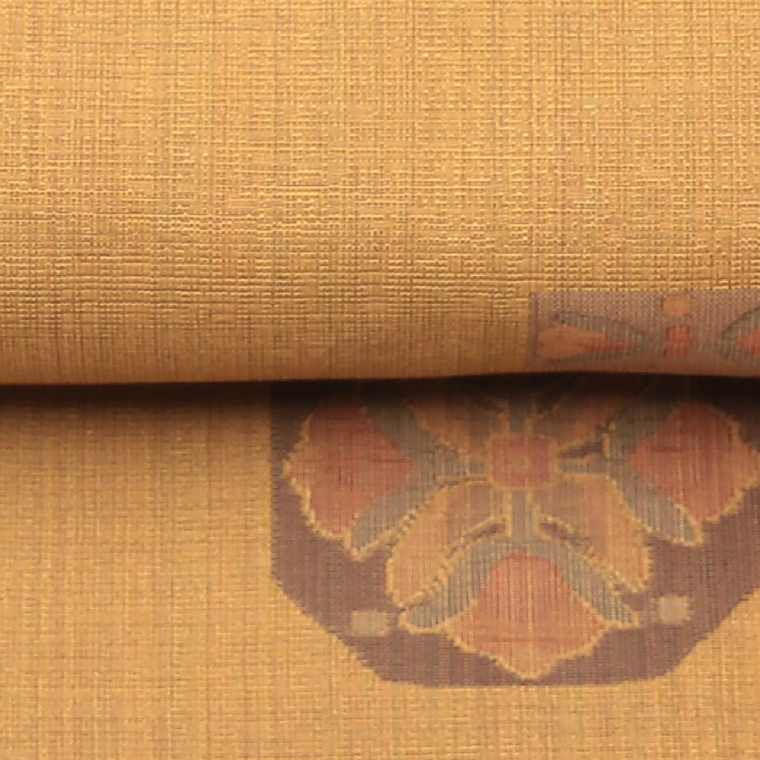 袋帯(紬) 帯丈428cm 正絹 六通 染め帯 カジュアル 花菱 黄系 1243-01252