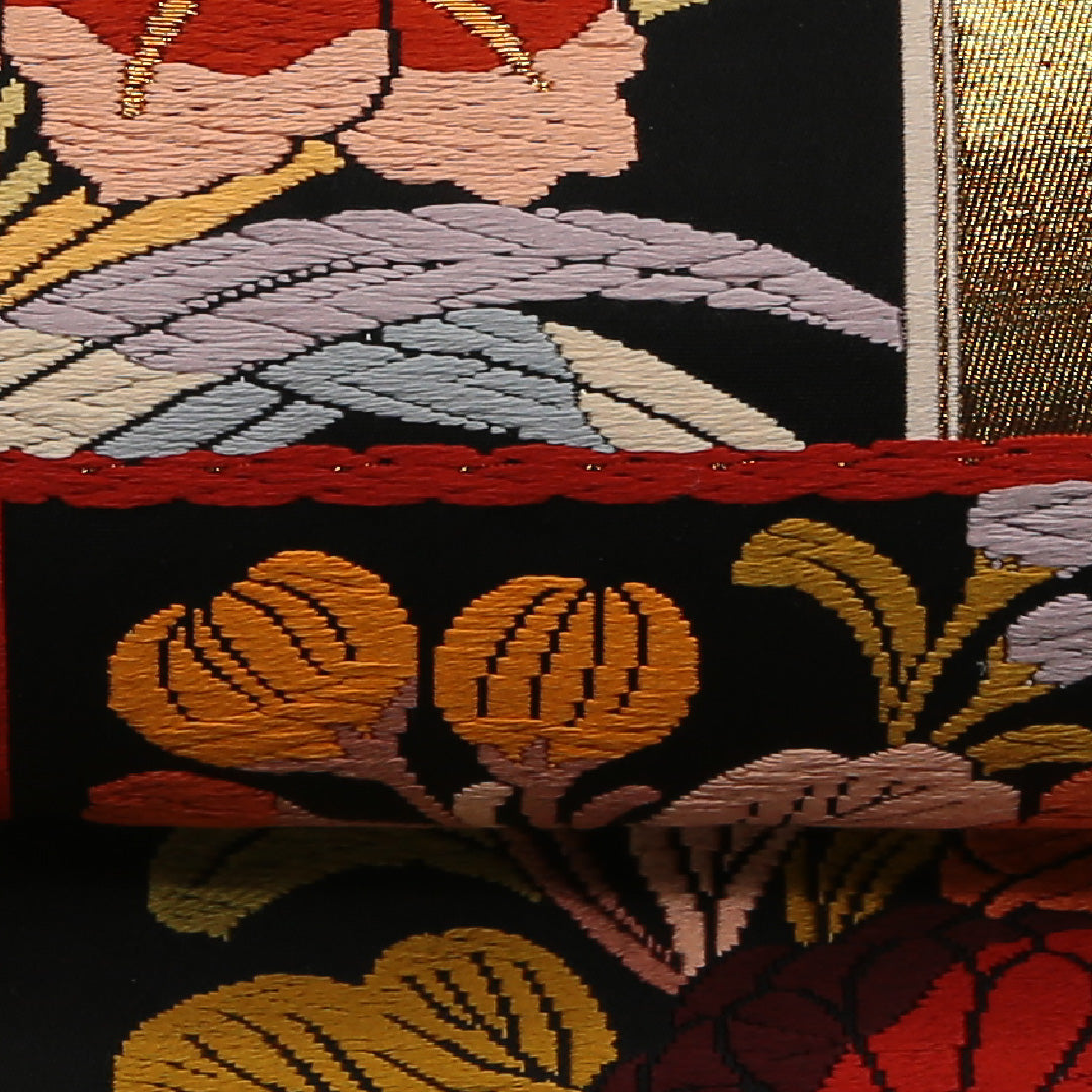 袋帯 帯丈432cm 全通 フォーマル Sランク 正絹 花柄 花絵札 菖蒲 古典的 華やか 金系 1223-01431