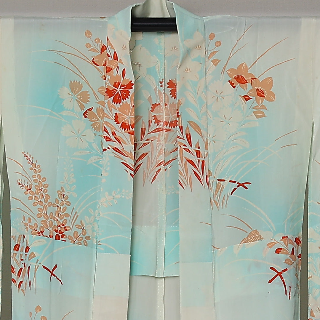 アンティーク 振袖用 長襦袢 無双袖 身丈119cm 裄丈60cm 正絹 Aランク XSサイズ 銀駒刺繍 桔梗 水色系 M4 1240-12678