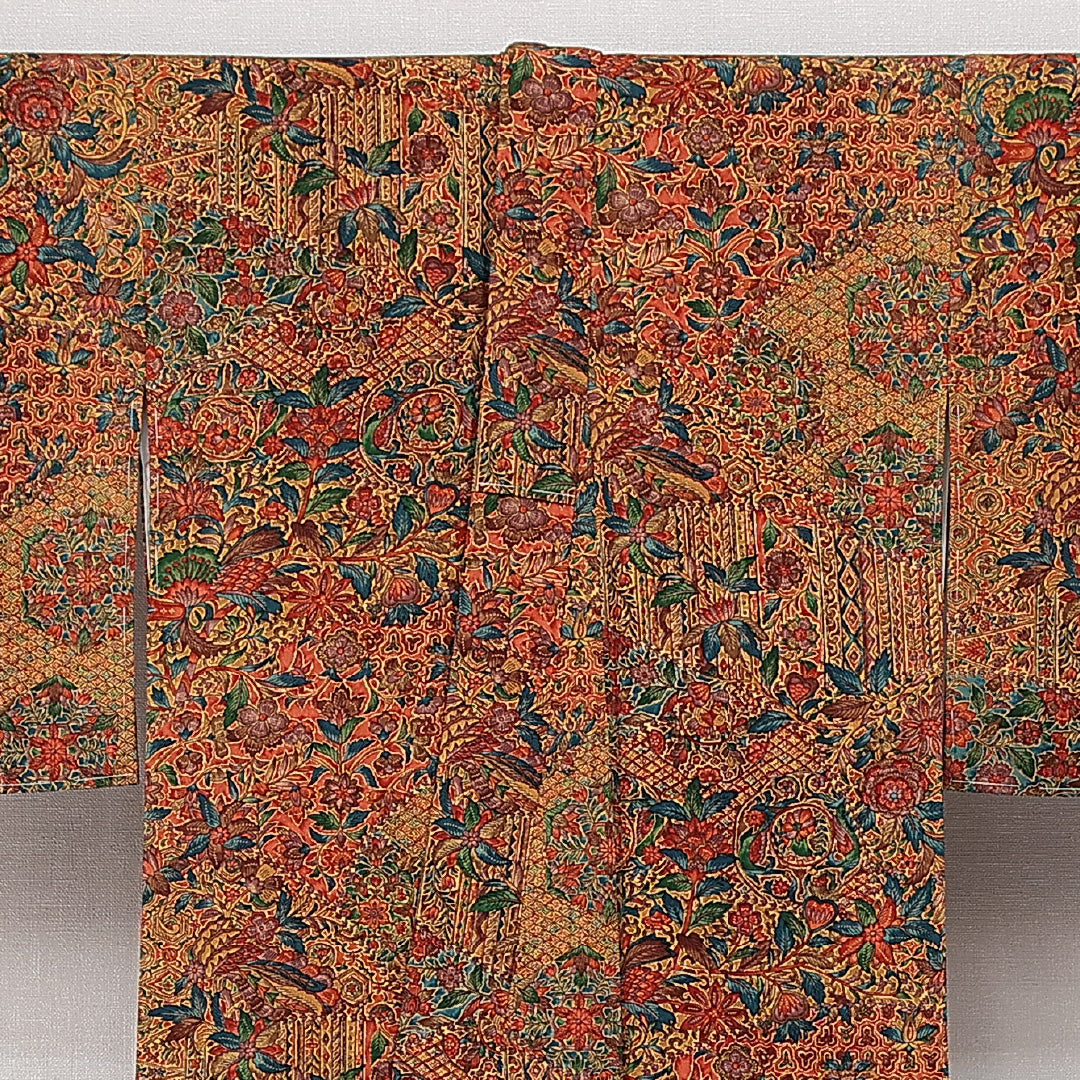 小紋 袷 身丈163cm 裄丈65cm 正絹 Sランク インフォーマル バチ衿 Lサイズ 更紗 茶系 RP 1221-14489