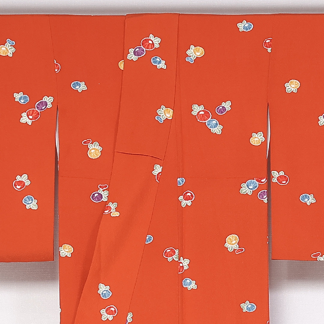 小紋 袷 身丈153cm 裄62cm 正絹 ちりめん 野菜柄 朱系 Aランク 1215-02442