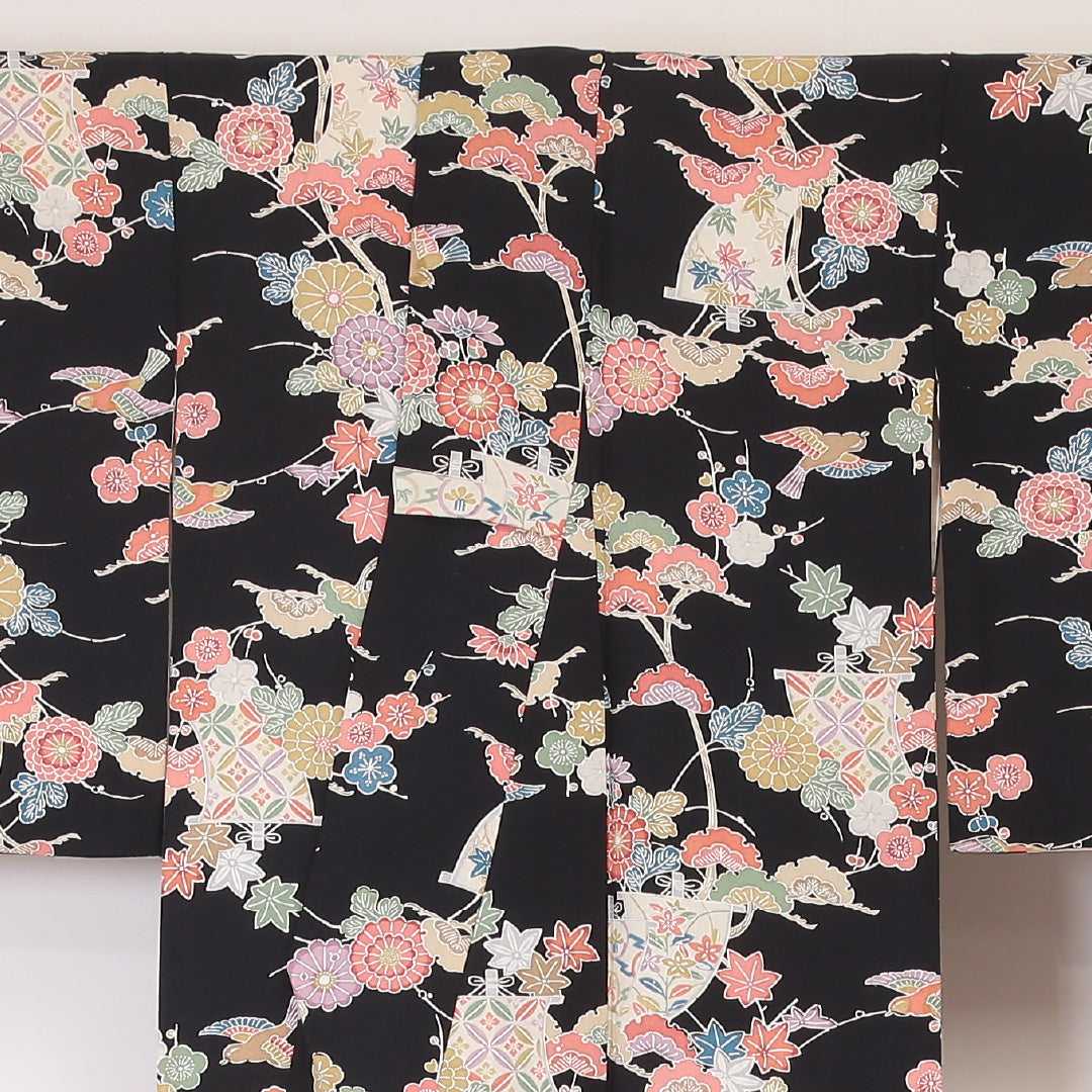 小紋 袷 身丈152cm 裄丈62cm 正絹 Aランク インフォーマル 広衿 Sサイズ 花鳥文 黒系 RP 1221-02142