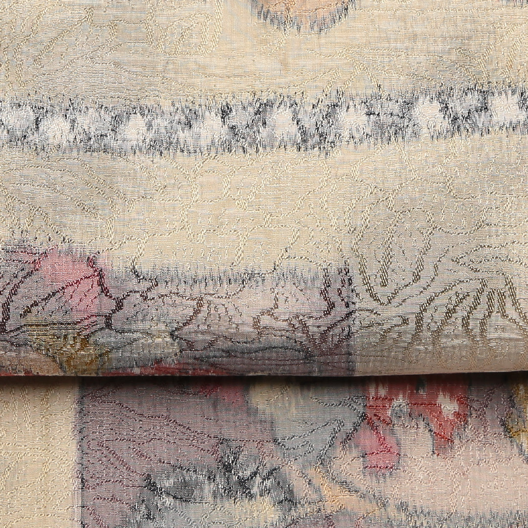 名古屋帯 帯丈348cm Sランク 名古屋仕立て 六通 ポリエステル 唐花 カジュアル ベージュ系 1224-01598