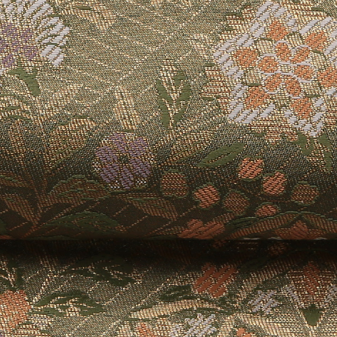 袋帯 六通 帯丈432cm フォーマル Sランク 正絹 金箔 唐草華文 金系 緑系 1223-01450