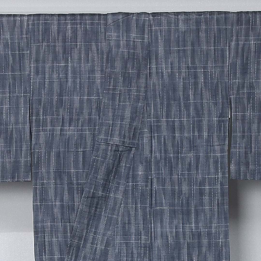 紬 単衣 身丈152cm 裄丈62cm 正絹 Cランク カジュアル 広衿 Sサイズ 肩当て 格子 紺系 LP 1223-12254