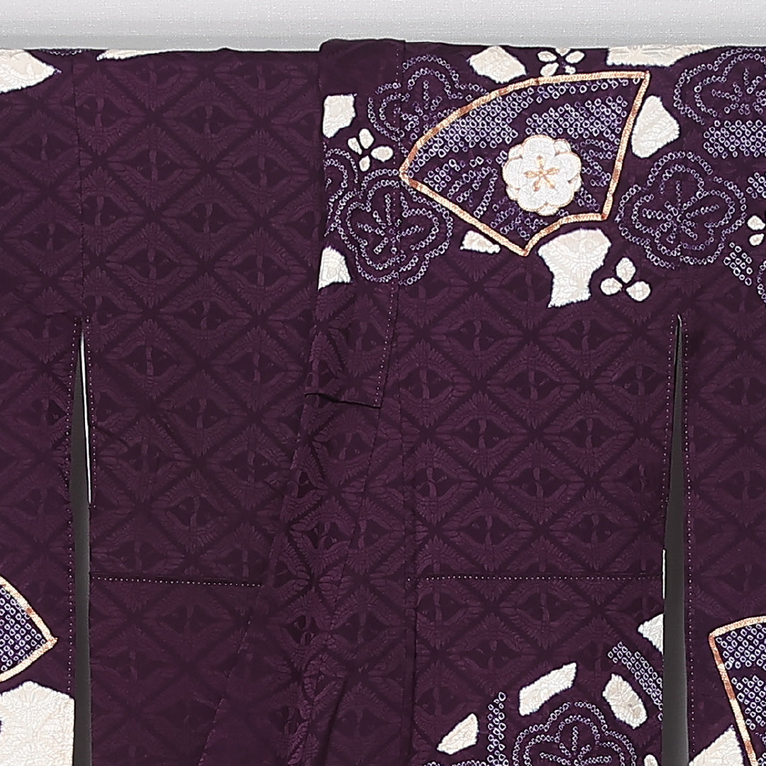 振袖 身丈158cm 裄丈64cm Aランク 袷 正絹 XL 広衿 絞り 金駒刺繍 吉祥文様 扇 古典柄 桜 花柄 紫系 1213-F0437