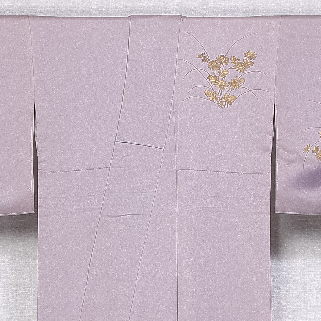 訪問着 身丈161cm 裄丈63.5cm 正絹 Sランク 袷 広衿 金彩 檜扇 菊 萩 刺繍 ぼかし しつけ糸 1212-10387