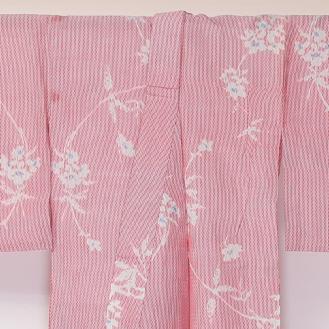 紬 夏紬 身丈140cm 裄62cm 正絹 ボタニカル 赤系 Bランク 1216-00976