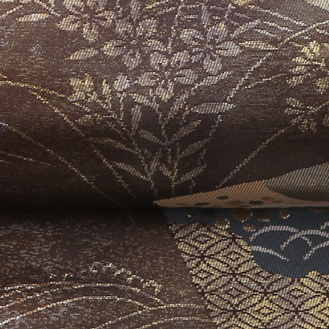 九寸名古屋帯 Sランク 帯丈350cm 正絹 六通 名古屋仕立て 織り セミフォーマル 色紙重ね 萩 茶系 RP 1245-02201