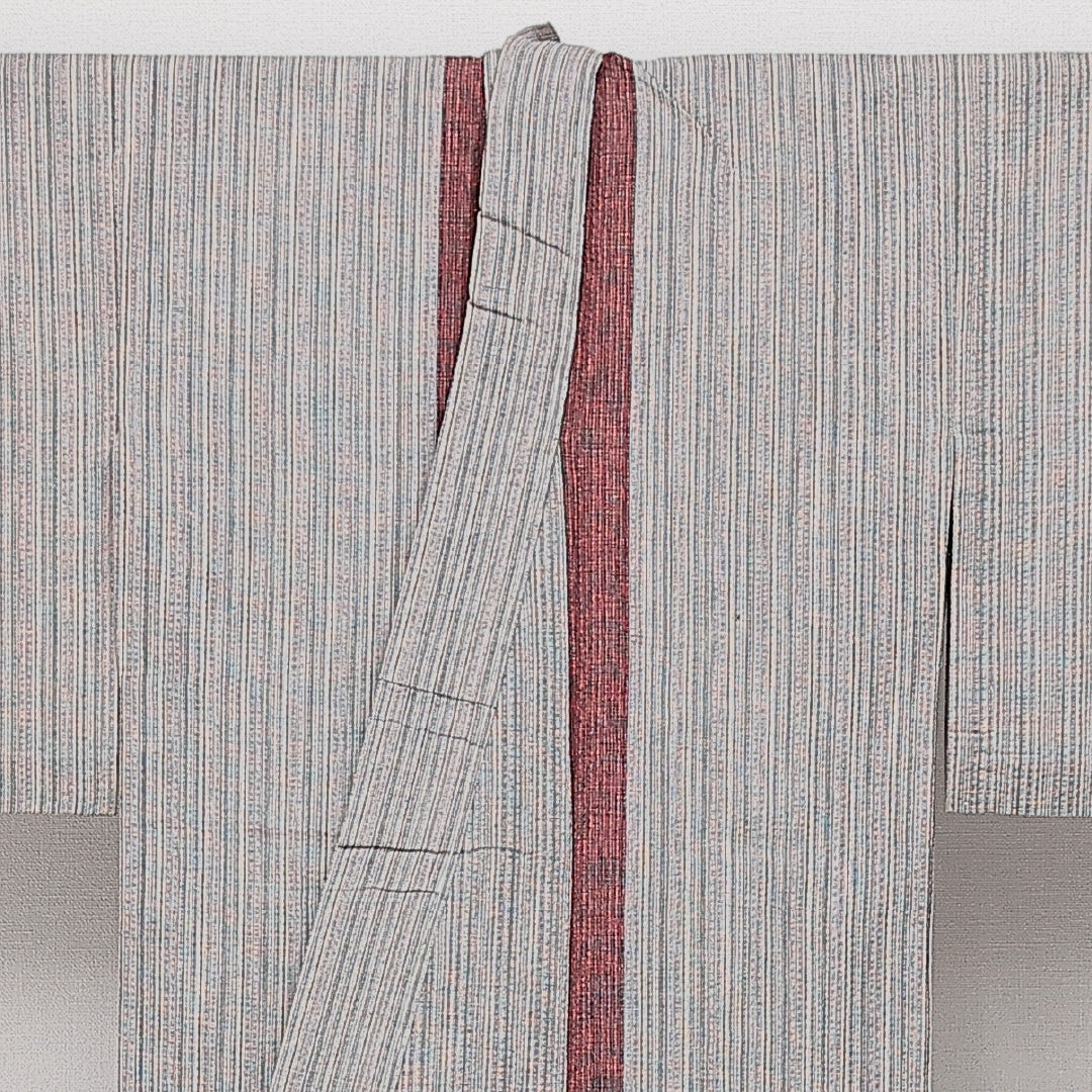 小千谷縮 夏物 洗える着物 身丈149cm 裄丈62cm Sランク 麻 バチ衿 XSサイズ カジュアル 縞 素朴 落ち着き グレー系 1216-14417