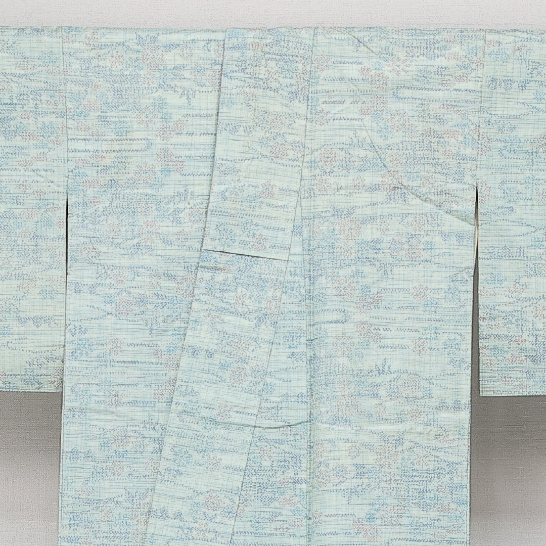 紬 袷 身丈160cm 裄丈64cm 正絹 Cランク カジュアル 広衿 Lサイズ 花柄 水色系 HP 1223-14362