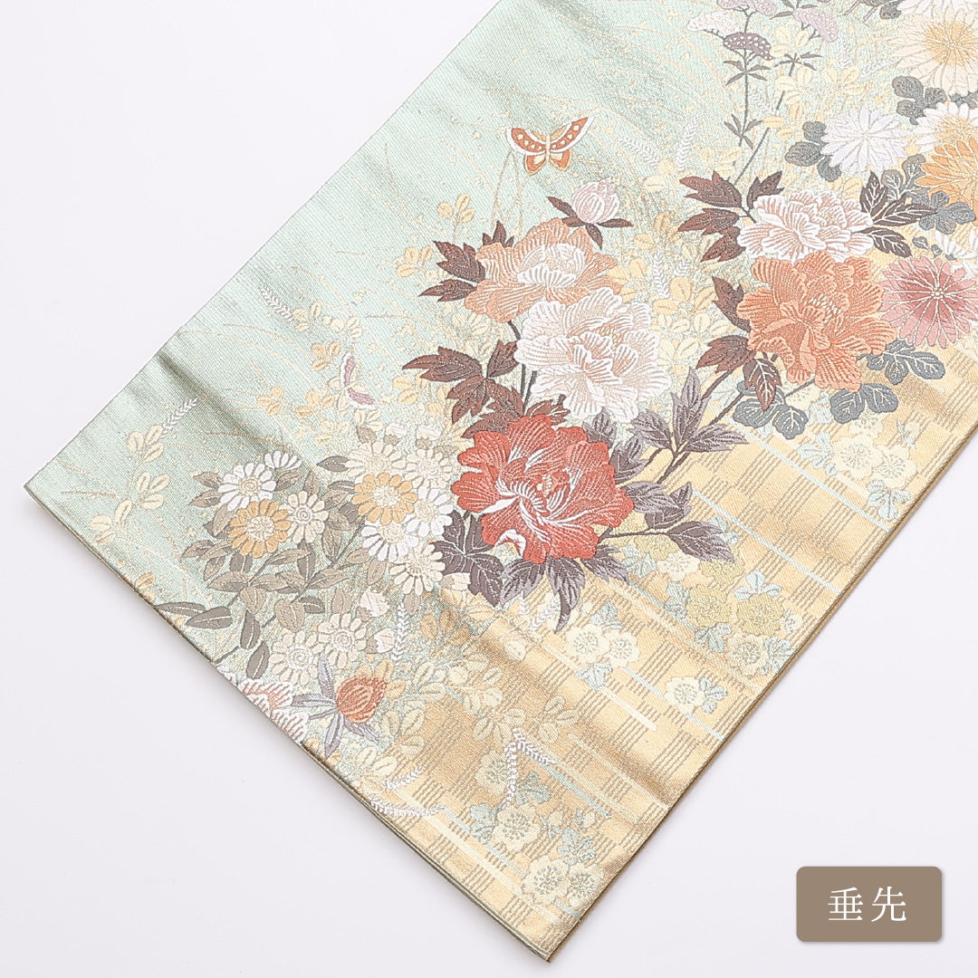 袋帯 帯丈436cm 六通 引箔 牡丹や菊 蝶 藤 振袖帯 フォーマル 緑系 正絹 Sランク 1223-00861