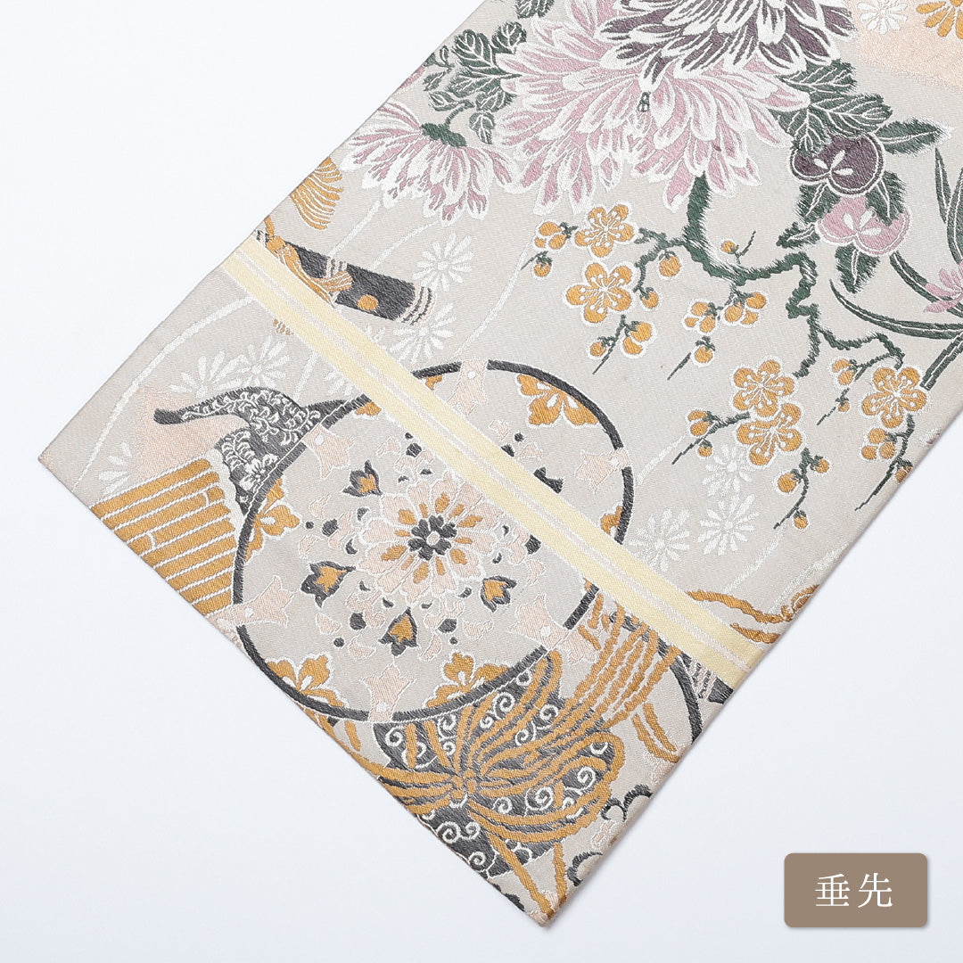 アンティーク 丸帯 帯丈388cm 全通 唐織 小鼓 フォーマル クリーム系 正絹 Aランク 1223-00630