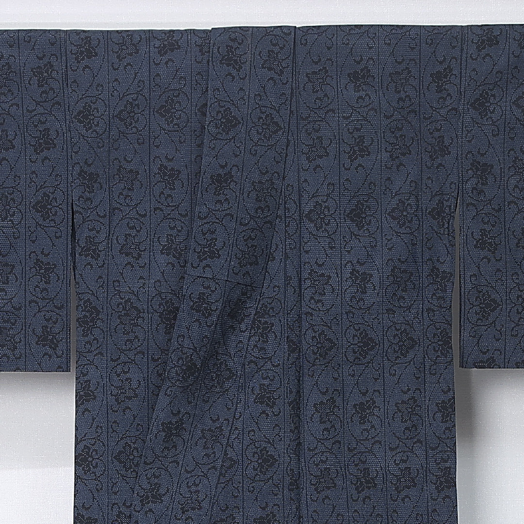 紬 単衣 身丈156cm 裄丈65cm 正絹 Aランク カジュアル 広衿 Mサイズ 唐華 亀甲絣 紺系 RP 1223-12249