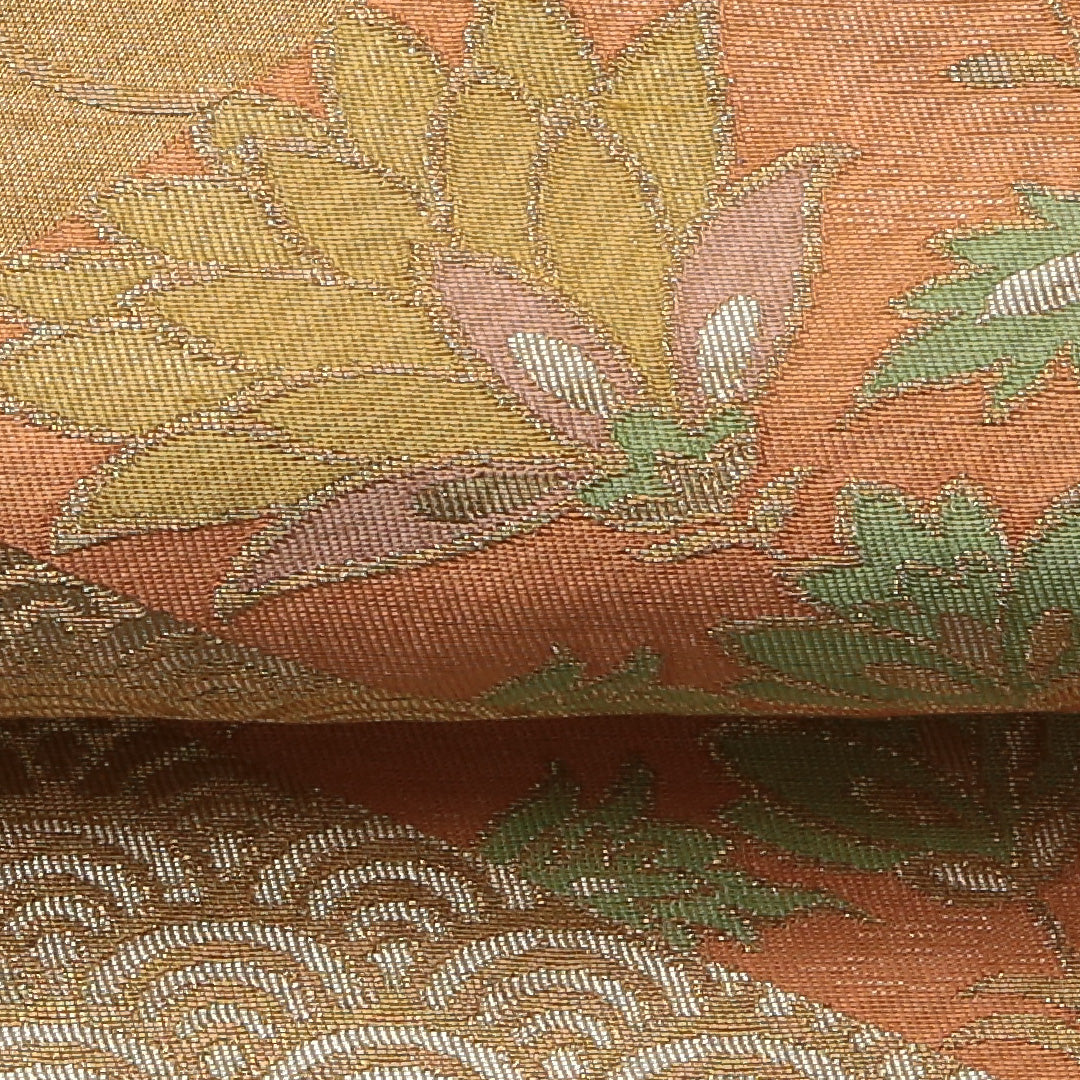 袋帯 帯丈414cm Aランク 六通 正絹 吉祥文様 唐草 花菱 青海波 カジュアル 黄系 1223-01411