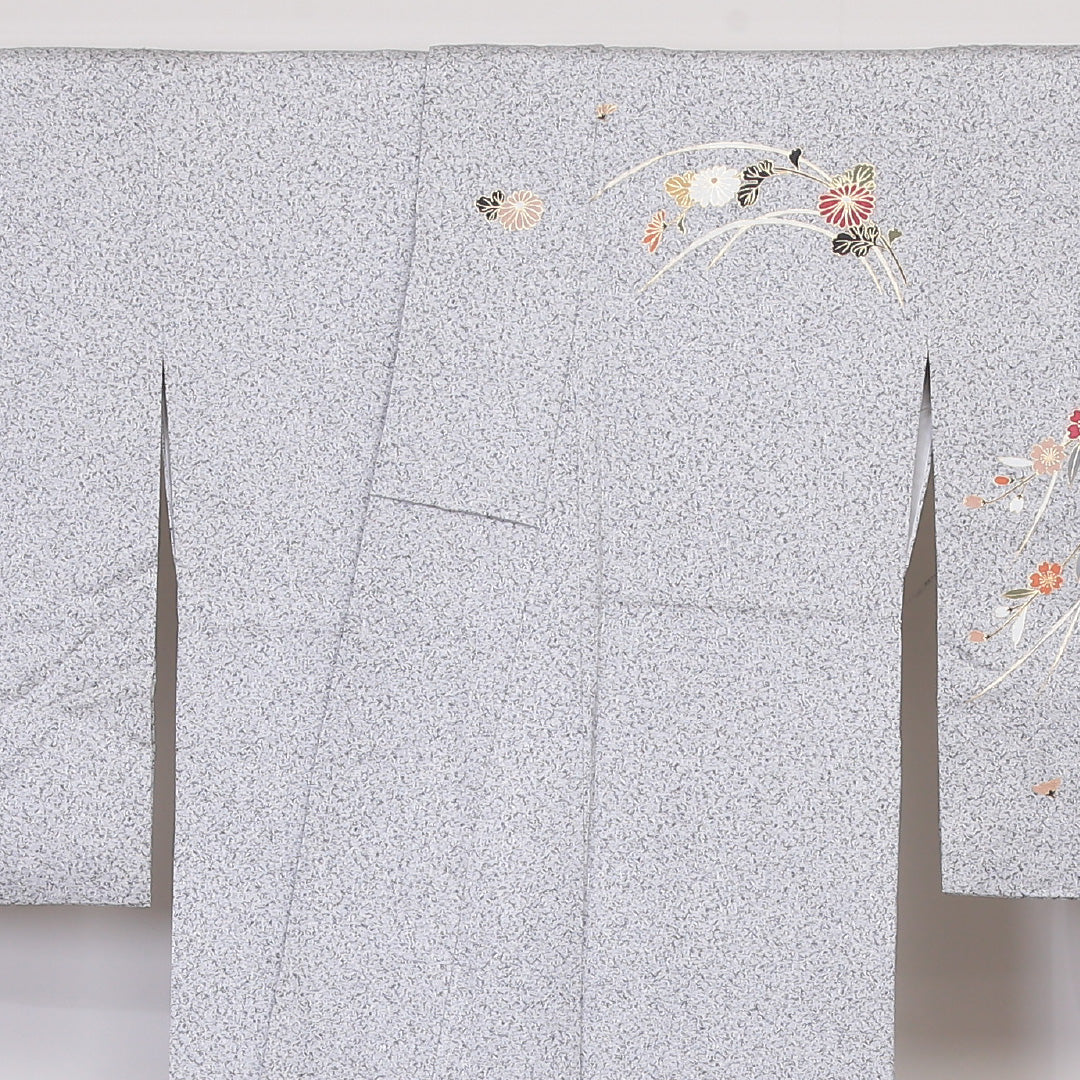 訪問着 袷 身丈159cm 裄丈64cm 正絹 Sランク セミフォーマル 広衿 Mサイズ たたき染め 金彩 桜 グレー系 RP 1217-04523