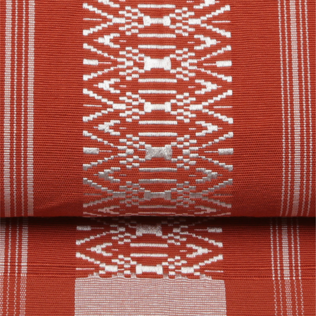 名古屋帯 帯丈396cm Aランク 開き仕立て 全通 正絹 本場筑前博多織 献上柄 セミフォーマル 朱系 1224-01545