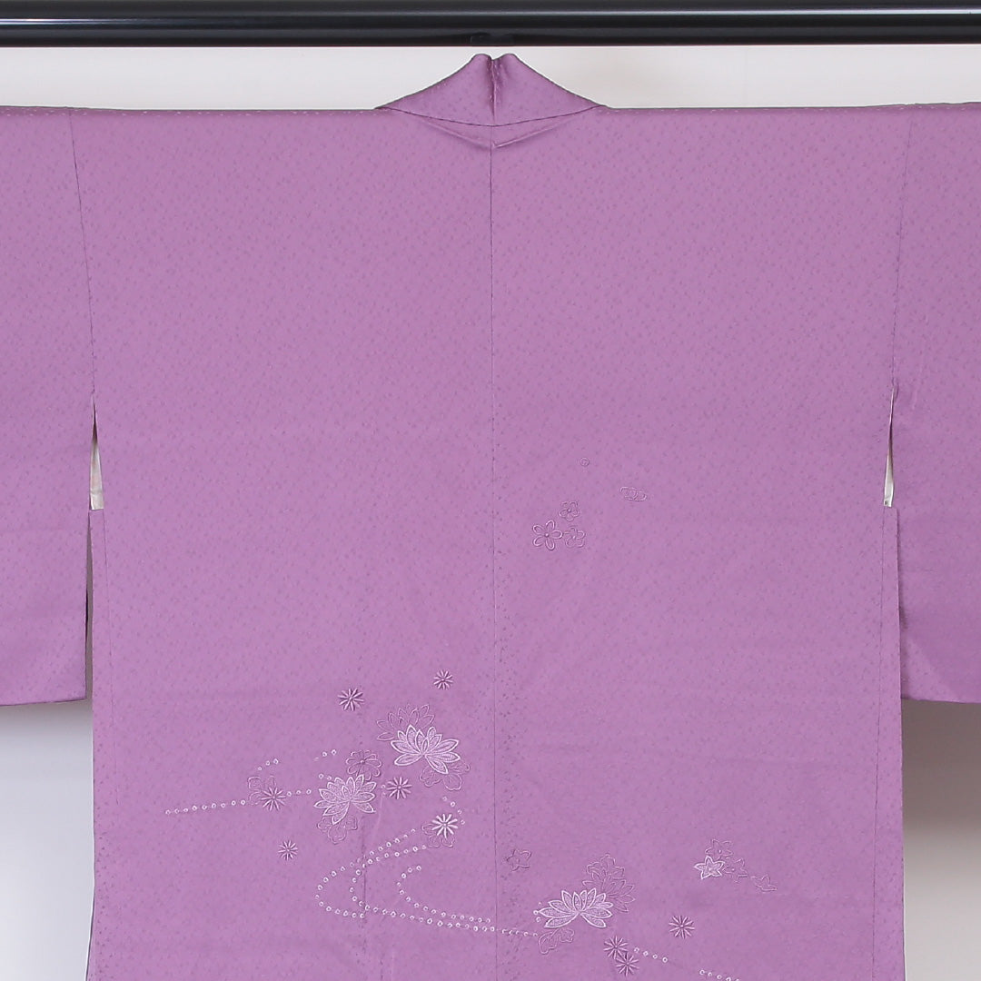 羽織 袷 身丈84cm 裄丈62cm 正絹 Aランク カジュアル Sサイズ ふくれ織 刺繍 紐あり 花柄 紫系 RP 1232-06036