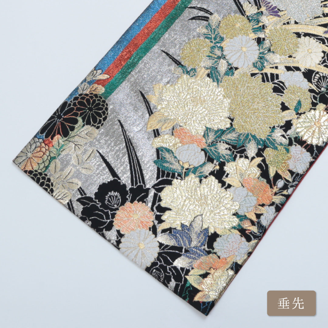 袋帯 帯丈432cm 六通 唐織 牡丹 菊 吉祥文様 振袖帯 フォーマル 黒系 正絹 Sランク 1223-00335