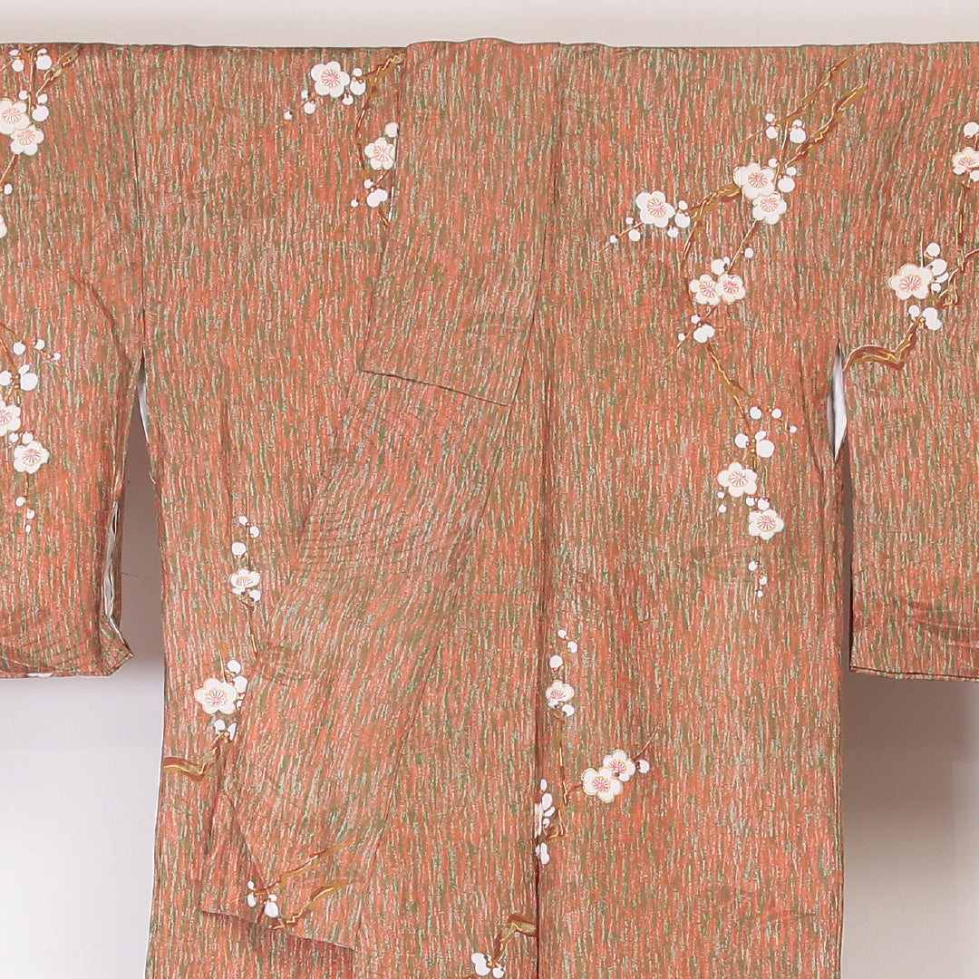アンティーク 小紋 袷 身丈147cm 裄丈65cm 正絹 Aランク XSサイズ 広衿 梅 朱系 紫系 1215-02093