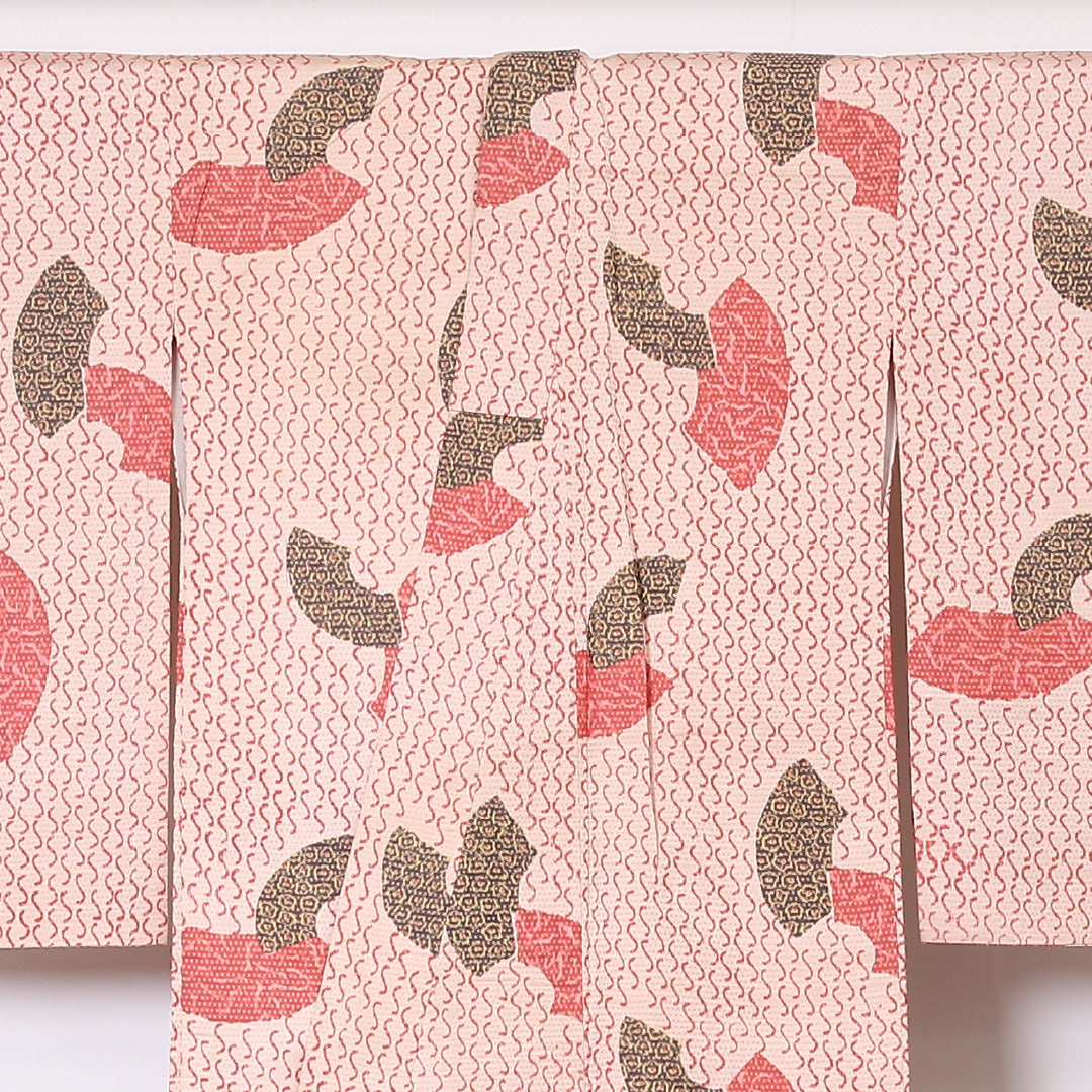 紬 袷 身丈152cm 裄丈65cm 正絹 Aランク Sサイズ バチ衿 カジュアル 扇 朱系 1216-03329