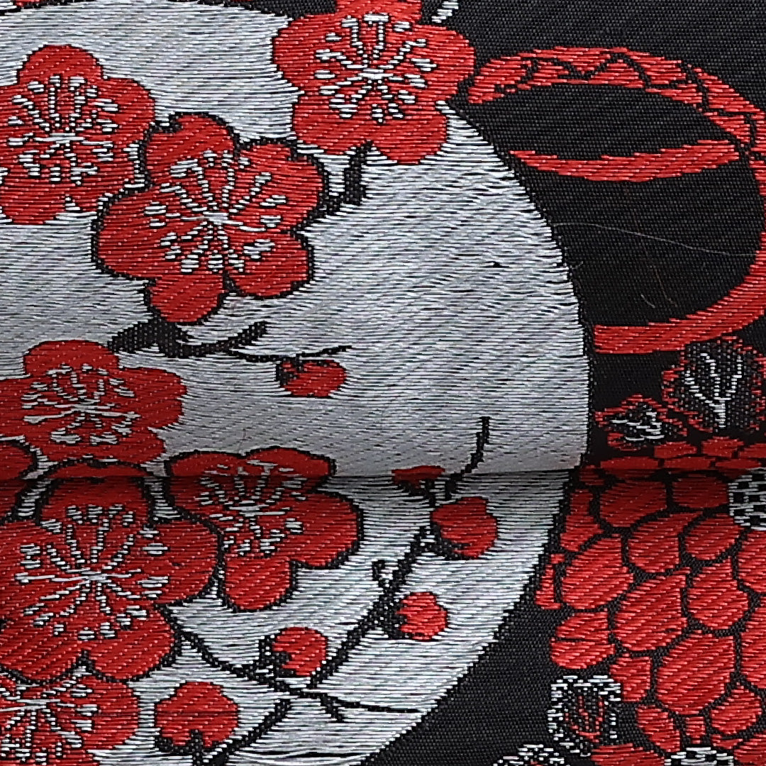 名古屋帯 帯丈325cm 六通 名古屋仕立て Aランク セミフォーマル 鶴 梅 丸紋 松 正絹 黒系 1224-01242